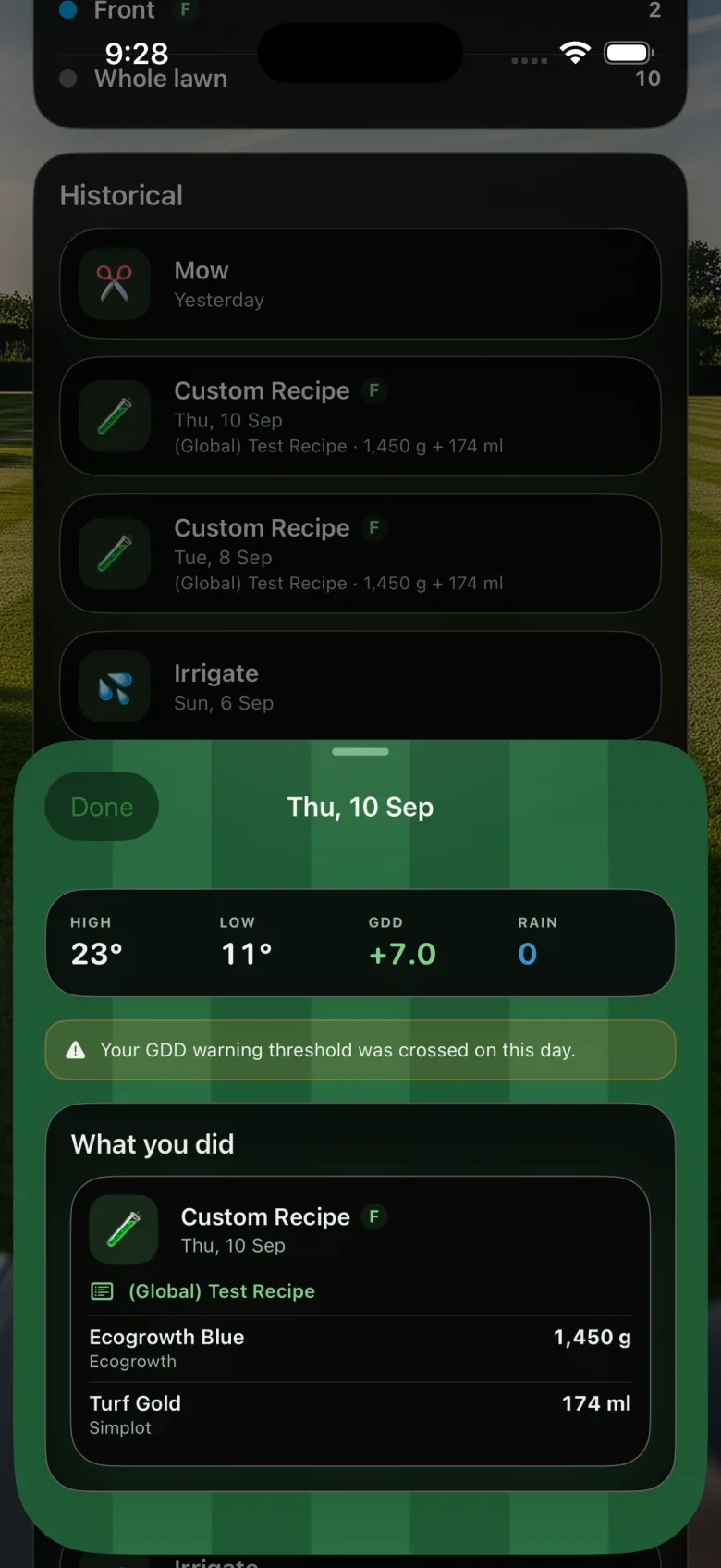 Day detail sheet for Thursday 10 September showing 23° high, 11° low, 7.0 GDD, a GDD warning, and a custom recipe with Ecogrowth Blue and Turf Gold