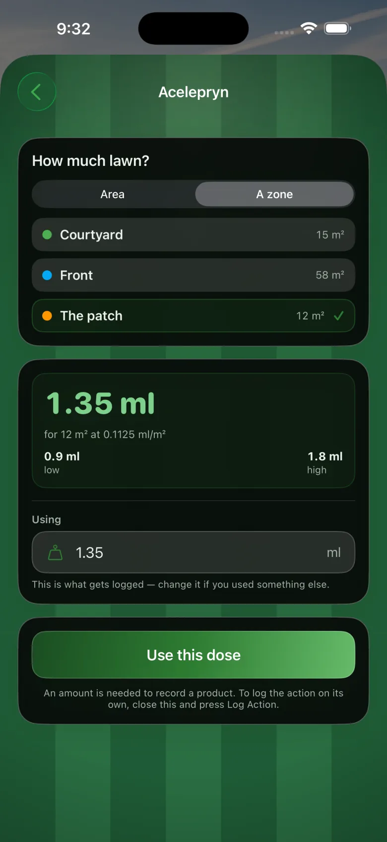 Dose sheet for Acelepryn: The patch zone selected at 12 m², calculating 1.35 ml with a 0.9–1.8 ml range