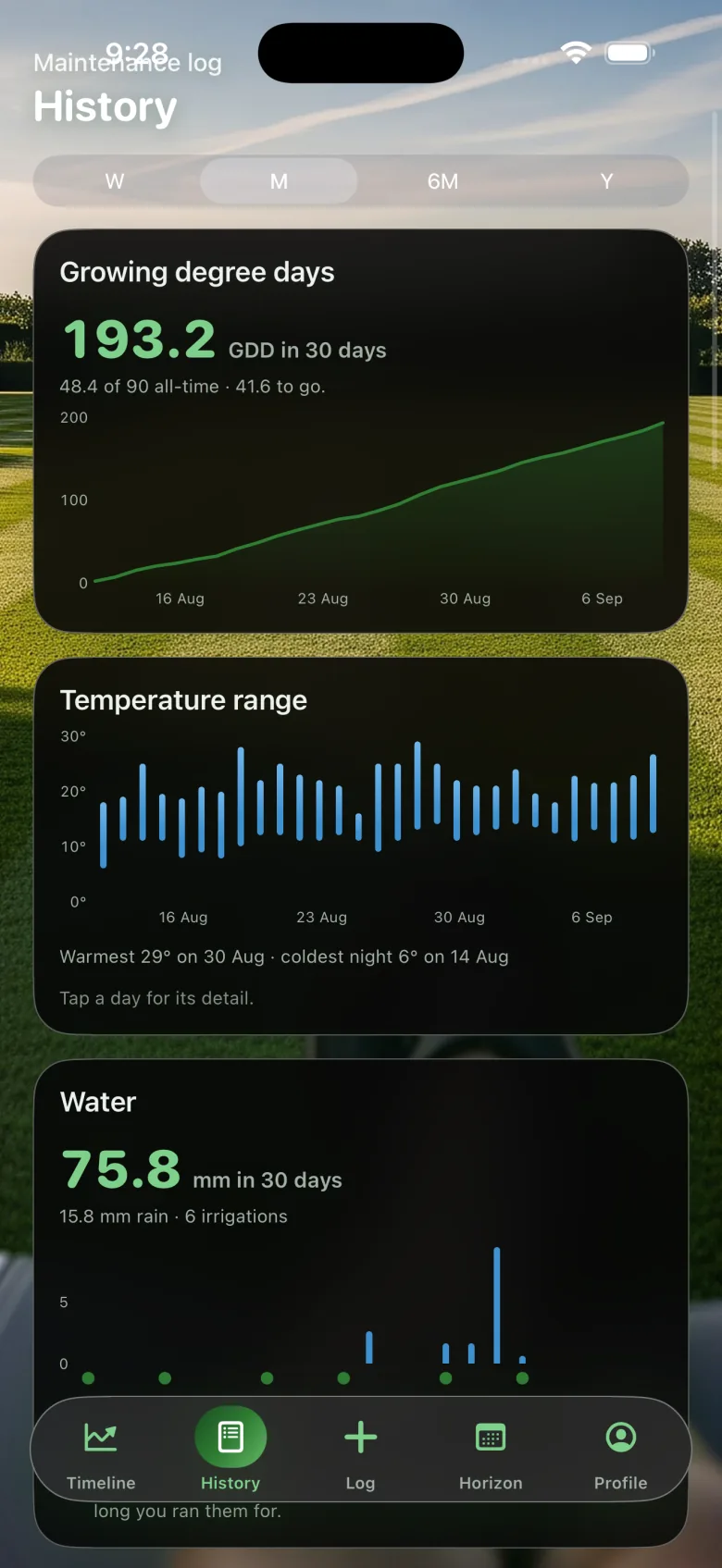History tab with growing degree days, temperature range and water charts over 30 days
