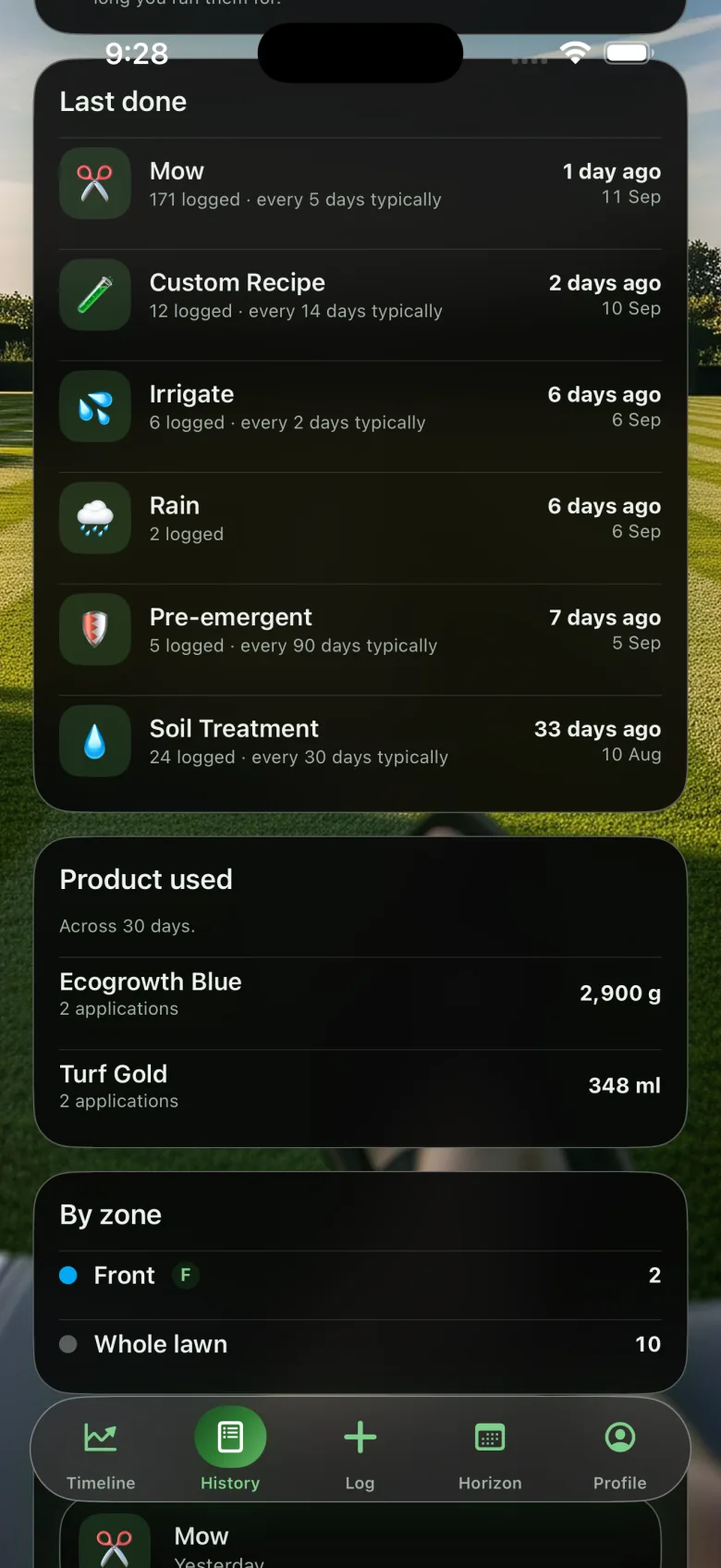 History tab listing last-done dates for mow, irrigate and pre-emergent, product quantities used, and counts by zone