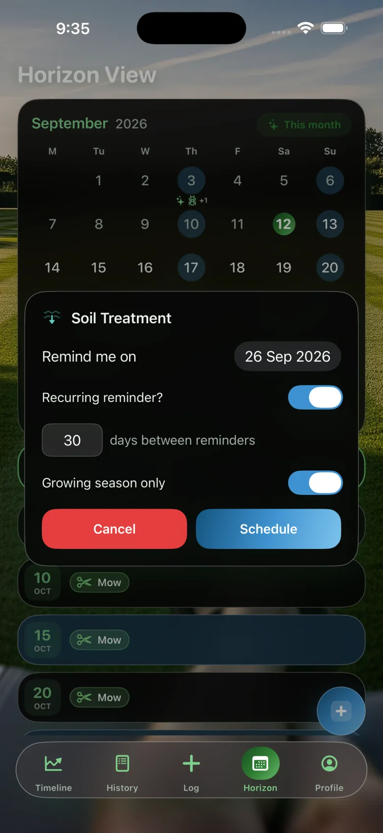 Horizon tab with a calendar of reminders