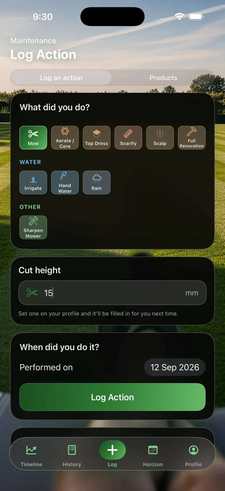 Log Action screen with the action picker