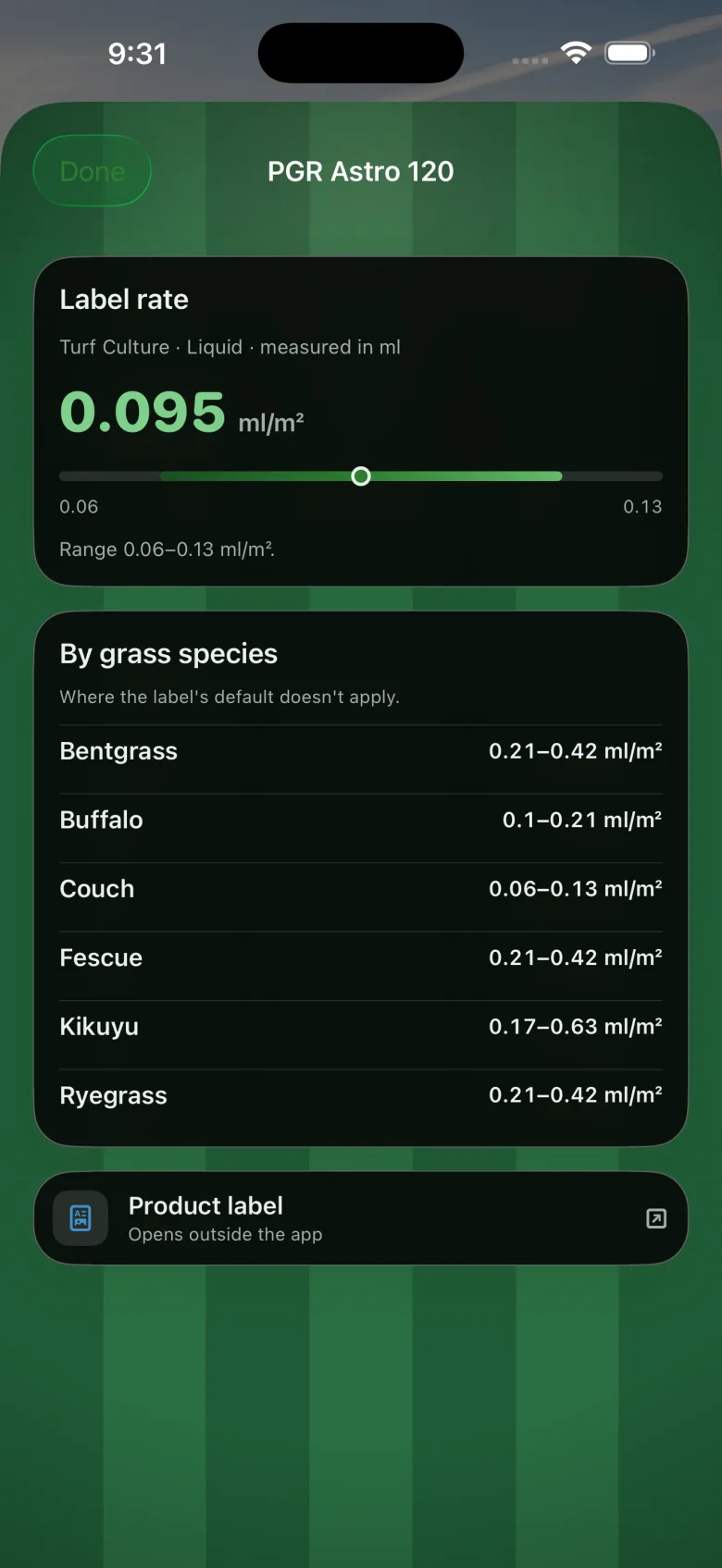 PGR Astro 120 product page with a 0.06–0.13 ml/m² rate slider and per-species rates for bentgrass, buffalo, couch, fescue, kikuyu and ryegrass