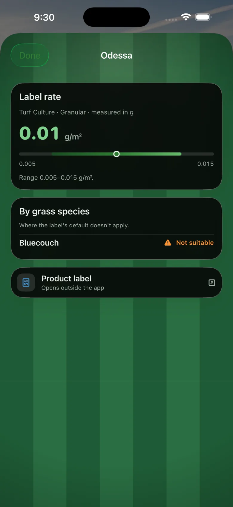 Odessa product page showing a 0.01 g/m² label rate and a "not suitable" warning for bluecouch