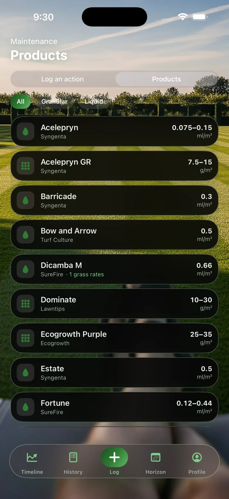 Products list showing Acelepryn, Barricade, Dicamba M, Dominate and others with their rates per square metre
