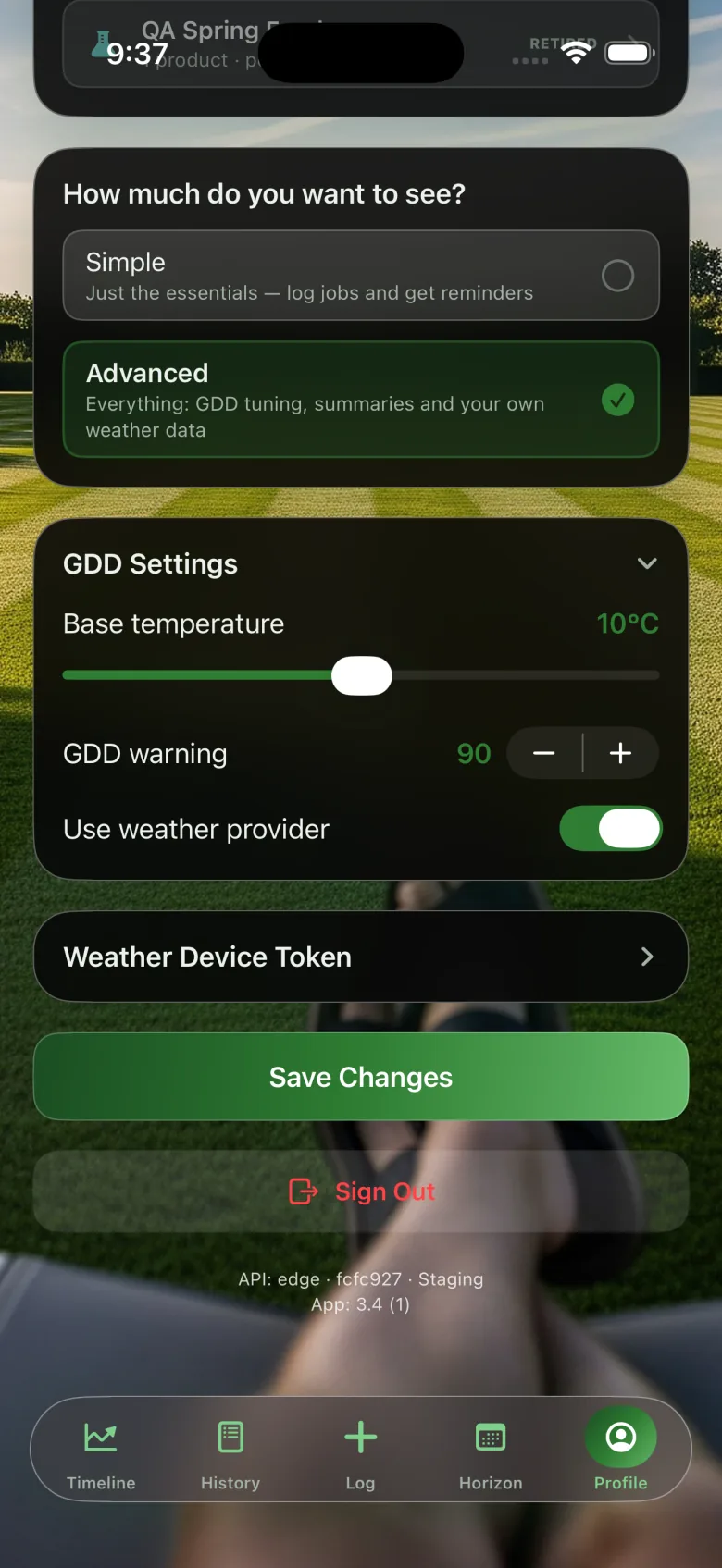 Profile with Advanced mode selected, GDD base temperature at 10°C, warning threshold at 90 and weather provider enabled