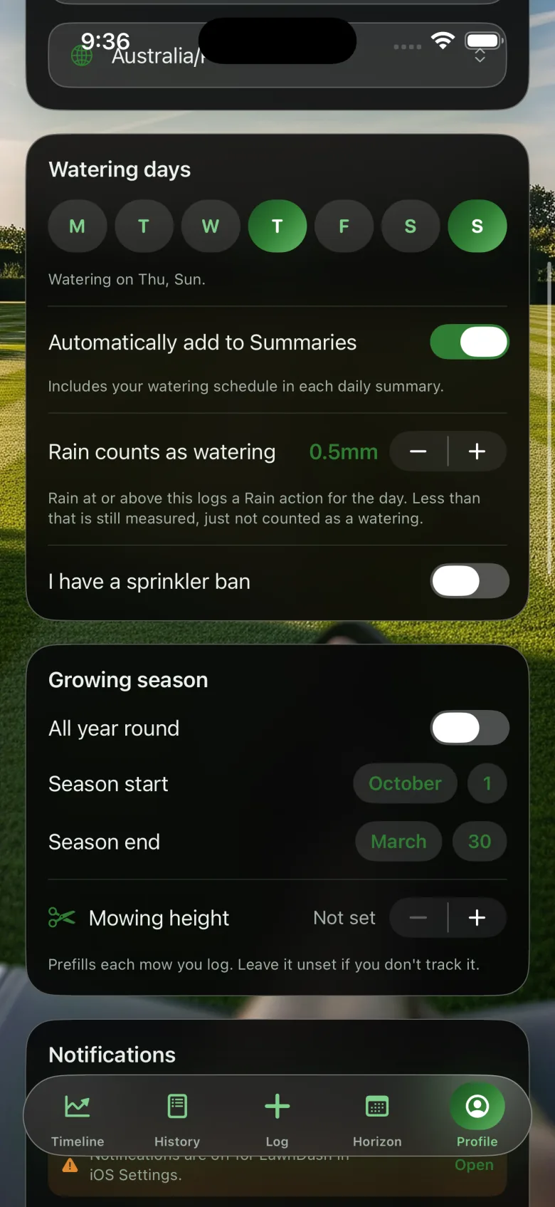 Profile settings for watering days, rain threshold, sprinkler ban, growing season dates and mowing height