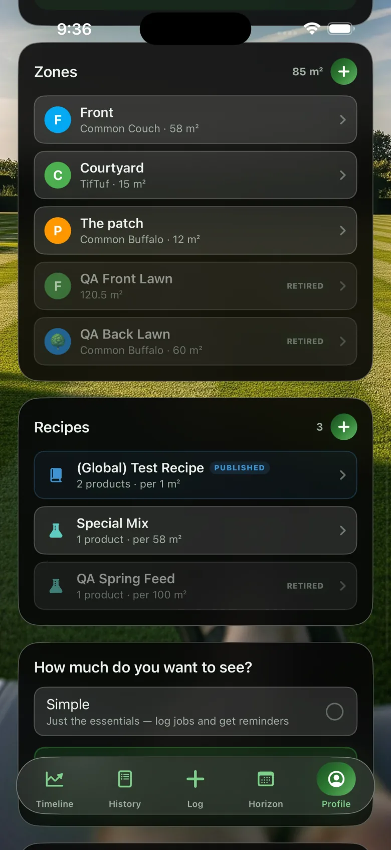 Profile listing zones Front, Courtyard and The patch with grass types and areas, and saved recipes
