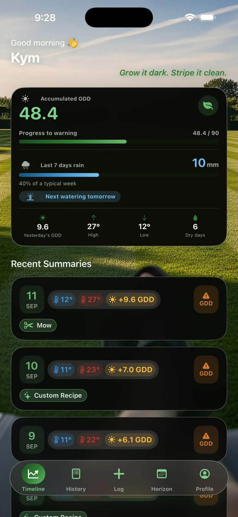 LawnDash Timeline tab showing accumulated GDD, rain and recent daily summaries